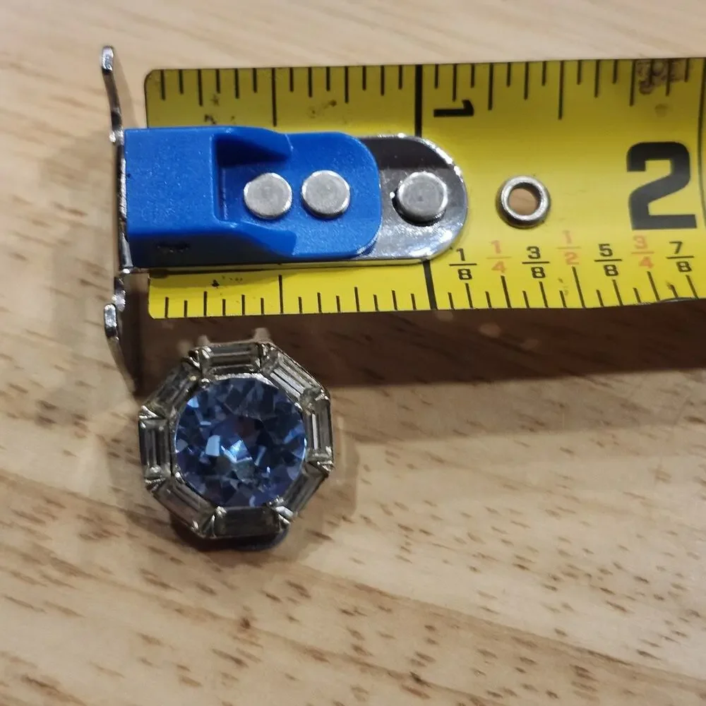 60s Vintage Signed Bellini Silver Tone Rhinestone Clip Earrings Blue Octagon